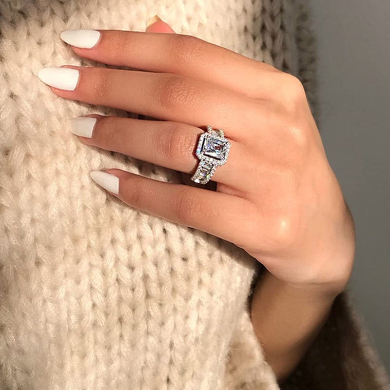 RKKOJJO 925 Sterling Silver Shiny Full Diamond Ring Cubic Zirconia Cocktail Rings CZ Eternity Engagement Wedding Band Ring for Women (US Code 7) - Image 3