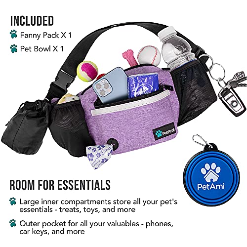 PetAmi Dog Fanny Pack, Treat Pouch for Dog Walking, Training, Built in Poop Bag Dispenser, Water Bottle Holder, Collapsible Bowl, Pet Treat Waist Belt for Hiking, Running, Kibbles (Purple) - Image 2