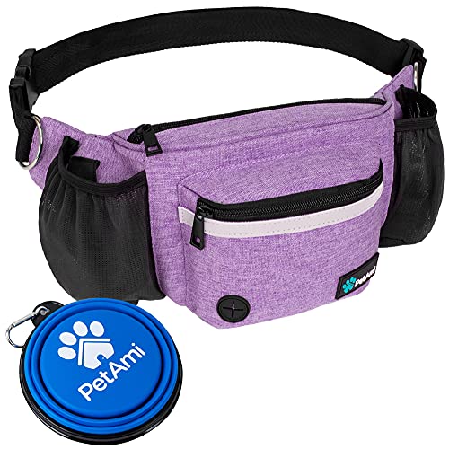 PetAmi Dog Fanny Pack, Treat Pouch for Dog Walking, Training, Built in Poop Bag Dispenser, Water Bottle Holder, Collapsible Bowl, Pet Treat Waist Belt for Hiking, Running, Kibbles (Purple) - Image 1