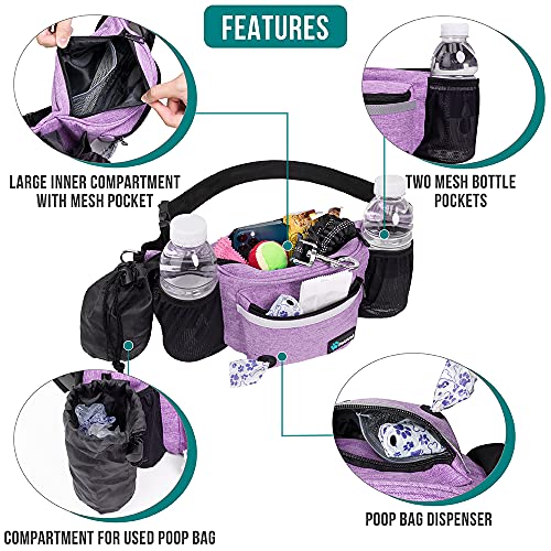 PetAmi Dog Fanny Pack, Treat Pouch for Dog Walking, Training, Built in Poop Bag Dispenser, Water Bottle Holder, Collapsible Bowl, Pet Treat Waist Belt for Hiking, Running, Kibbles (Purple) - Image 3