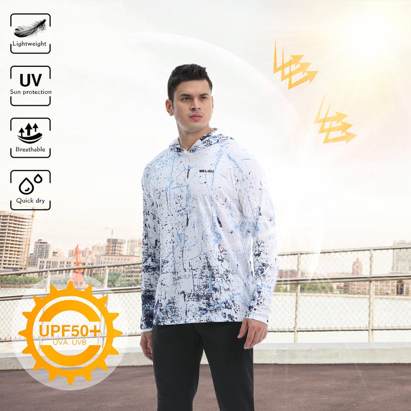 WELIGU Men's UPF 50+ Sun Protection Hoodie Shirt Long Sleeve SPF Fishing Outdoor UV Hiking Shirts Lightweight White X-Large - Image 4