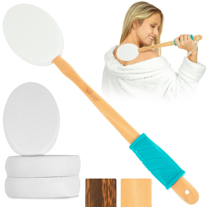 Vive Lotion Applicator for Back, Feet (17.5") - Self Washer Beauty Shower Sponge, Long Handle Cream Wand for Elderly, Women - Apply Medicine, Skin Cream, Body Wash, Sunscreen - Image 1