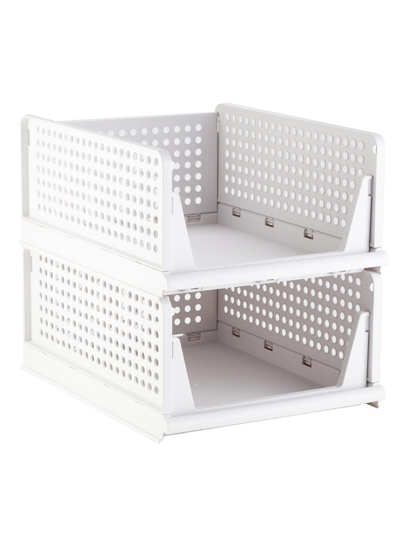 Excefore Stackable Plastic Storage Basket, Foldable Closet Organizers and Storage Bins, Drawer Shelf Storage Container for Wardrobe Cupboard Bedroom Bathroom Office, White Large, 2 Pack - Image 1