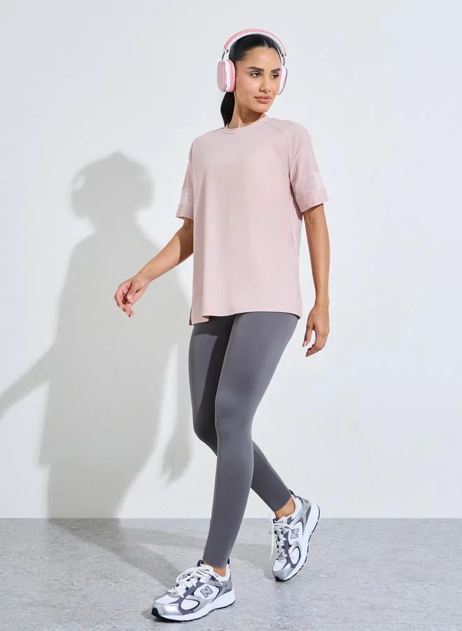 Styli Active Pink Solid Mesh Insert Sleeves Side Slit Active T-Shirt