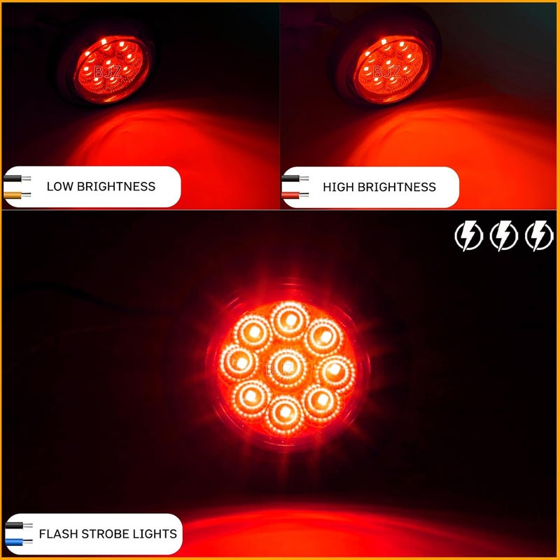 BJZ 2'' High/Low Light+Strobe Light Trailer Clearance Marker LED Lights Round Side Tail Brake Stop Turn Signal Lights Flush Mount for Trailer Truck Van RV ATV Bus Pickup RV Snowmobile (Red, 5Pcs) - Image 2