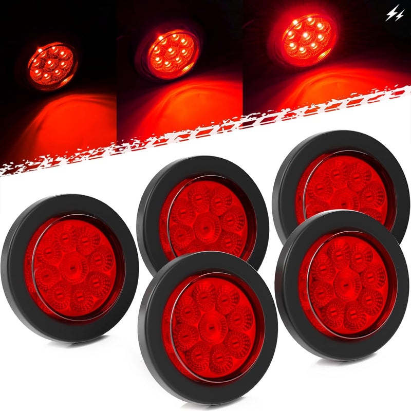 BJZ 2'' High/Low Light+Strobe Light Trailer Clearance Marker LED Lights Round Side Tail Brake Stop Turn Signal Lights Flush Mount for Trailer Truck Van RV ATV Bus Pickup RV Snowmobile (Red, 5Pcs) - Image 1