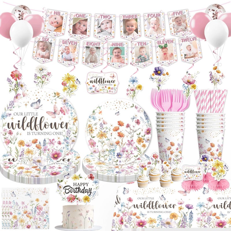 Yingoto 213pcs Wildflower Birthday Decorations with Banner Plates Cups Tablecloth Hanging Swirls Our Little Wildflower is Turning One 1st Birthday Decorations Girl for 25 Guests - Image 2