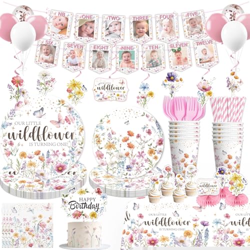 Yingoto 213pcs Wildflower Birthday Decorations with Banner Plates Cups Tablecloth Hanging Swirls Our Little Wildflower is Turning One 1st Birthday Decorations Girl for 25 Guests - Image 1