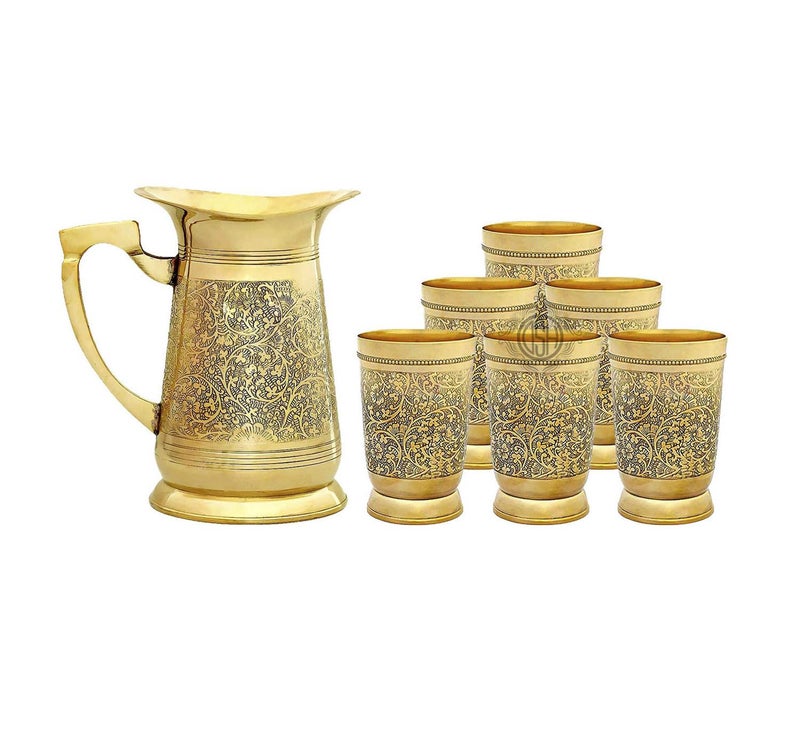 DSH Pure Brass Water Jug with 6 Glass Set for Serving Drinking Water Home Decor Drinkware & Tableware (6+1), Gold - Image 1