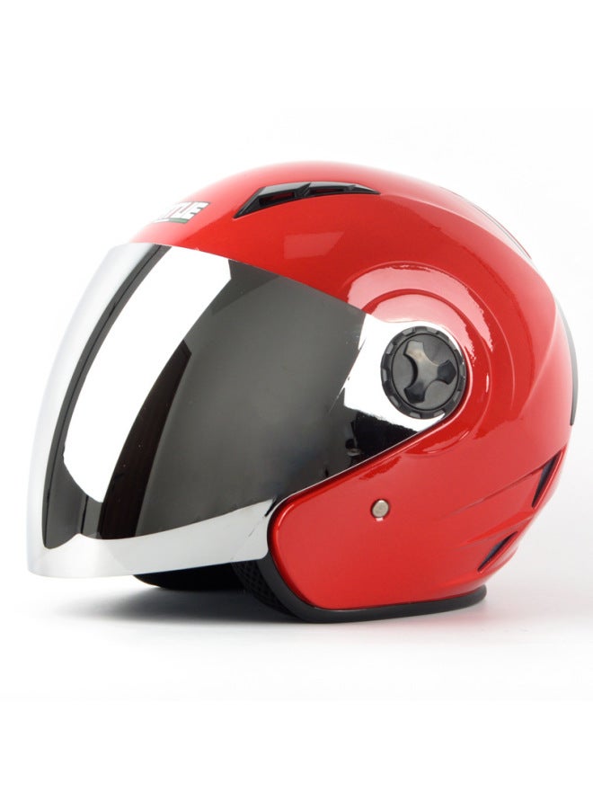 Red silver Plated Lens Electric Motorcycle Helmet Men And Women Four Seasons Anti-fog Single Lens Half Helmet Summer Sun Protection