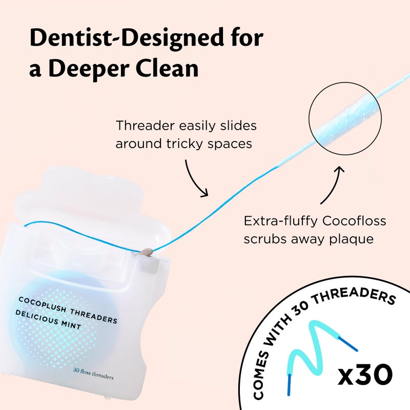 Cocofloss CocoPlush Threaders, Dental Floss for Implants, Bridges, and Braces, Mint, Waxed, Dentist-Designed Oral Care with Coconut Oil, 30 Per Pack - Image 3