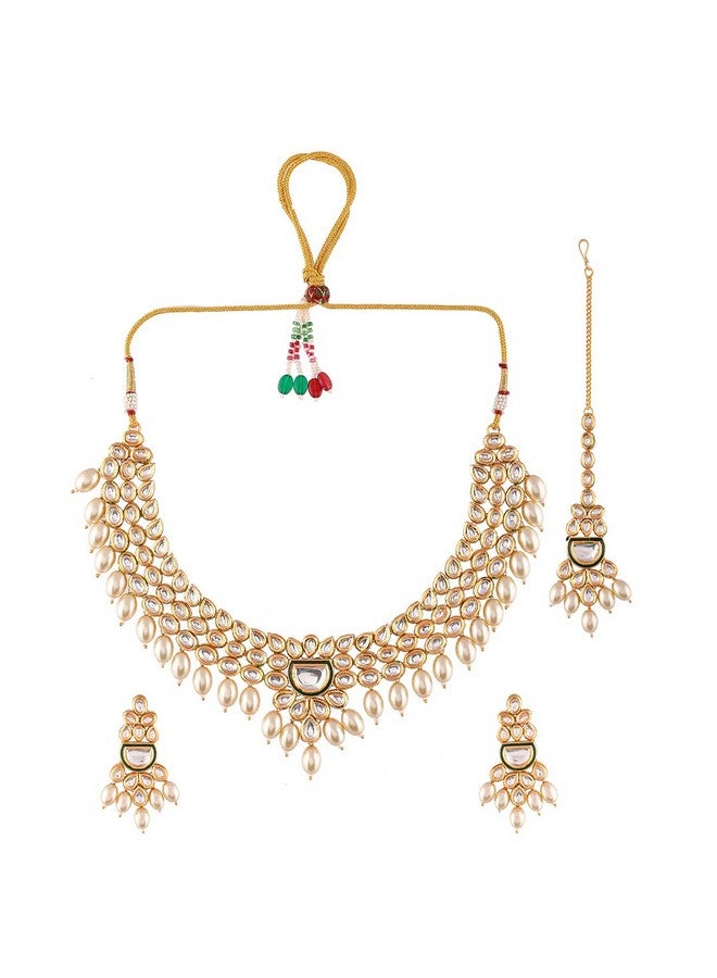 VOYLLA Kundan Elegance Pearl Beads and Faux Kundan Opulent Maang Tika Set - Image 4