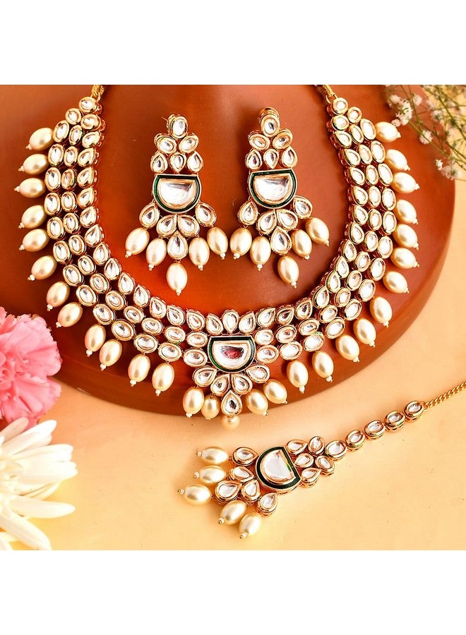 VOYLLA Kundan Elegance Pearl Beads and Faux Kundan Opulent Maang Tika Set - Image 2