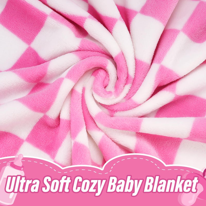 GreatBba Plush Checkered Baby Blanket for Boys Girls Nursery, 30"*40" Warm Short Fleece Blanket Neutral for Infant Newborn, Small Fuzzy for Sleeping, Chenille Baby for Stroller (Pink&White) - Image 2