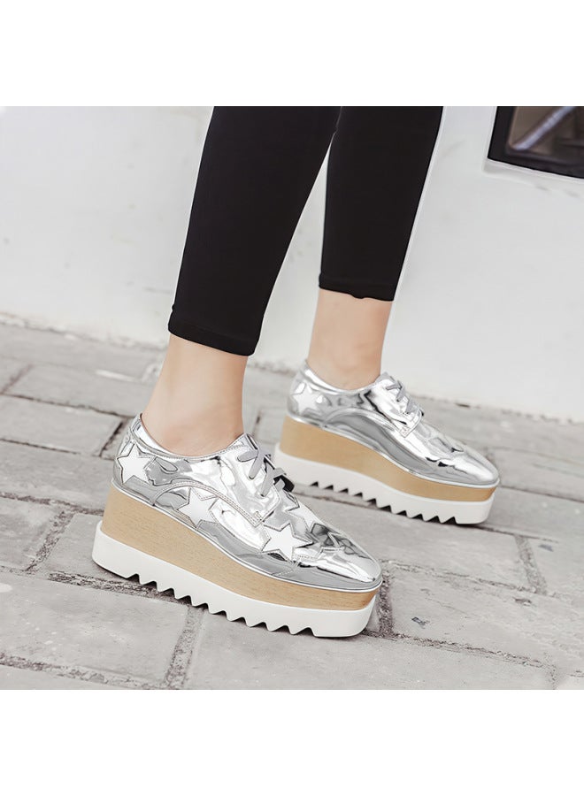 Baby's New Square-toe Star Shoes With Straps, Thick-soled Wedge Platform Shoes, Korean Style Patent Leather Deep-mouth Casual Shoes