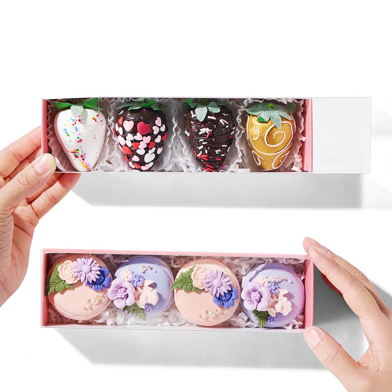 TEMLQPACK 25Pack Pink Chocolate Covered Strawberry Box for 4, Macaron boxes, Long Treat Box for Truffles, Cookies, Ores, Chocolate Cocoa Bombs&Cake Ball Bakery Packaging Supplies - Image 1