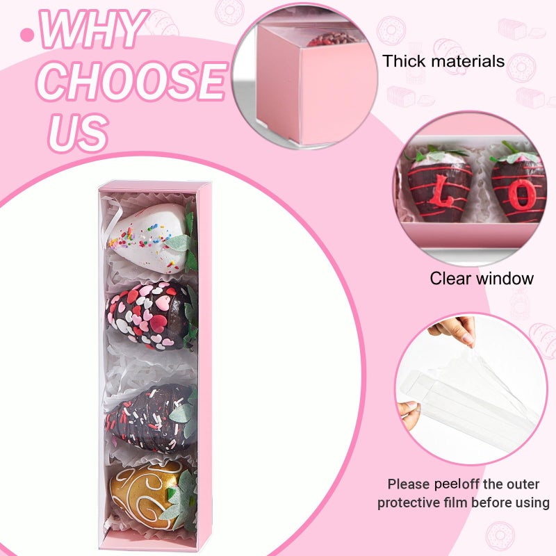 TEMLQPACK 25Pack Pink Chocolate Covered Strawberry Box for 4, Macaron boxes, Long Treat Box for Truffles, Cookies, Ores, Chocolate Cocoa Bombs&Cake Ball Bakery Packaging Supplies - Image 3
