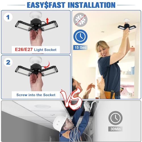 Aoretic LED Garage Lights Bulb 2 Pack -80W, 8000LM 6500K Led Shop Light with 3 Deformable Panels, Basement Barn Light Garage Ceiling Lights, E26/E27 for Garage, Warehouse, Shop, Basement - Image 5