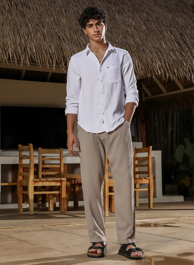 Campus Sutra Campus Sutra Men Rope-Stripe Jacquard Shirt | Spread Collar Long Cuffed Sleeves | Button Closure Curved Hem | Stripes Plain | Woven Fabric For Casual & Daily Wear | Chalk White