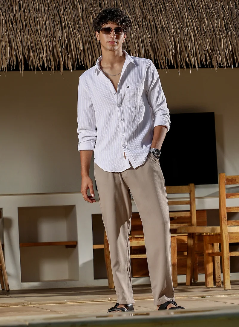 Campus Sutra Campus Sutra Men Rope-Stripe Jacquard Shirt | Spread Collar Long Cuffed Sleeves | Button Closure Curved Hem | Stripes Plain | Woven Fabric For Casual & Daily Wear | Chalk White