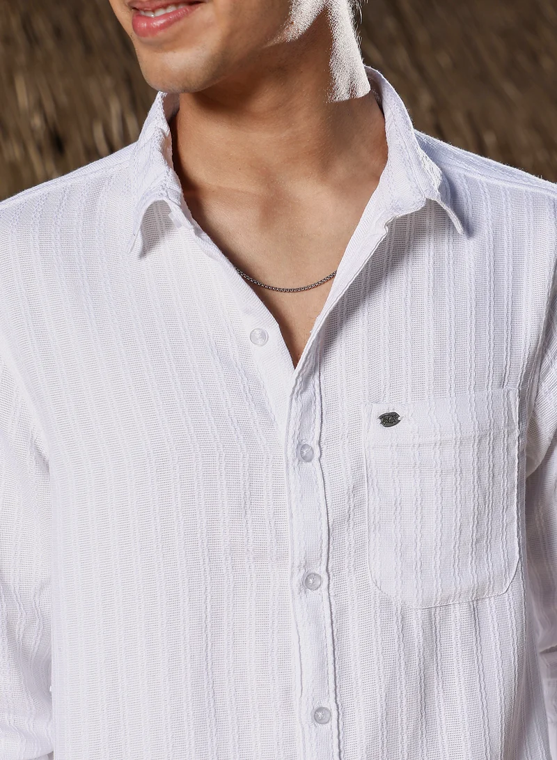 Campus Sutra Campus Sutra Men Rope-Stripe Jacquard Shirt | Spread Collar Long Cuffed Sleeves | Button Closure Curved Hem | Stripes Plain | Woven Fabric For Casual & Daily Wear | Chalk White