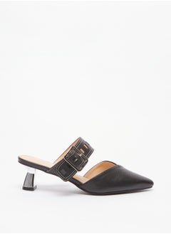 Womens Buckle Accented Slip On Mules with Block Heels