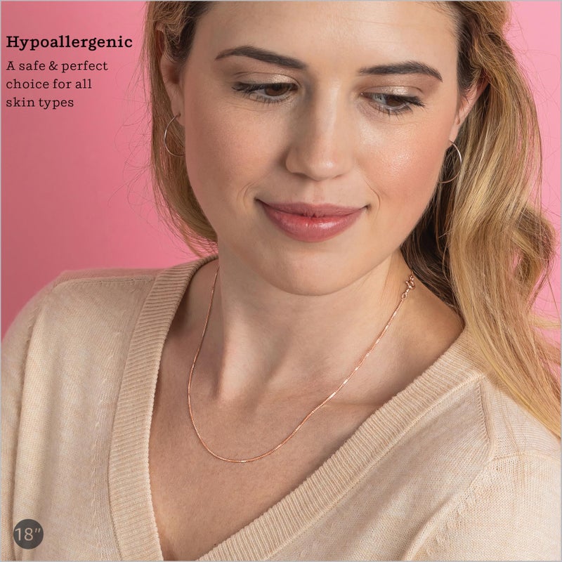 KEZEF Rose Gold Plated Silver Box Chain Necklace, 1mm Thin Solid 925 Rose Gold Necklace for Women and Men, Nickel Free, Hypoallergenic & Anti Tarnish, 18 Inch (Popular Women's Length) - Image 2