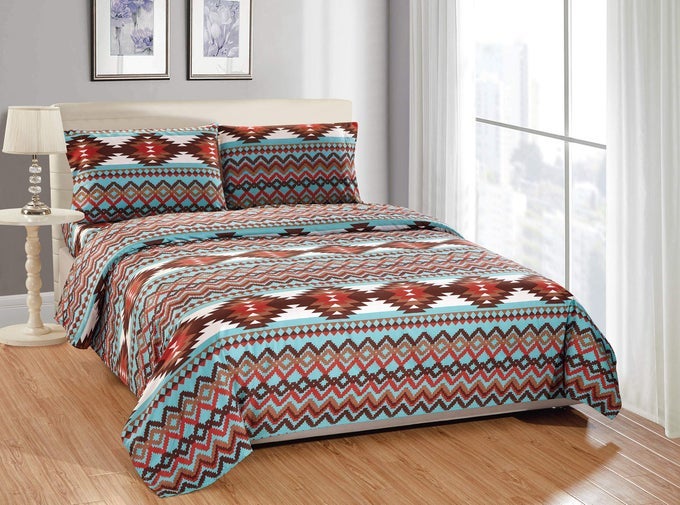 RUSTIC SOUTHWESTERN WESTERN BEDSHEETS SET WITH NAVAJO TRIBAL NATIVE AMERICAN PATTERNS IN TURQUOISE BLUE AND BROWN UTAH BED SHEET SET QUEEN TURQUOISE