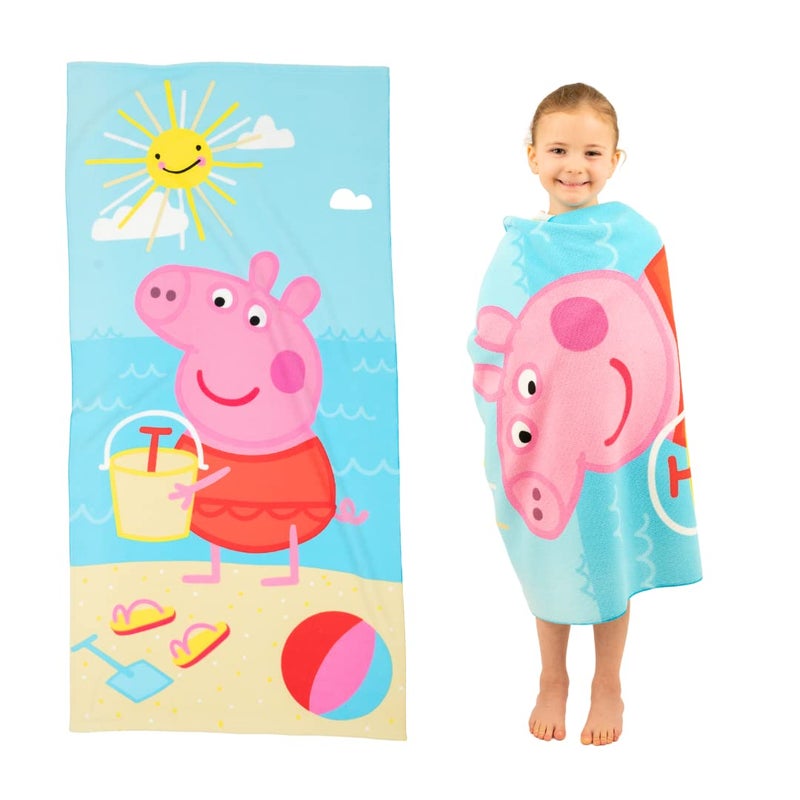 Franco Peppa Pig Kids Super Soft Lightweight 100% Recycled Bath/Pool/Beach Towel Made from Recycled Plastic Bottles, 58 in x 28 in, (100% Official Licensed Peppa Pig Product), Large - Image 1