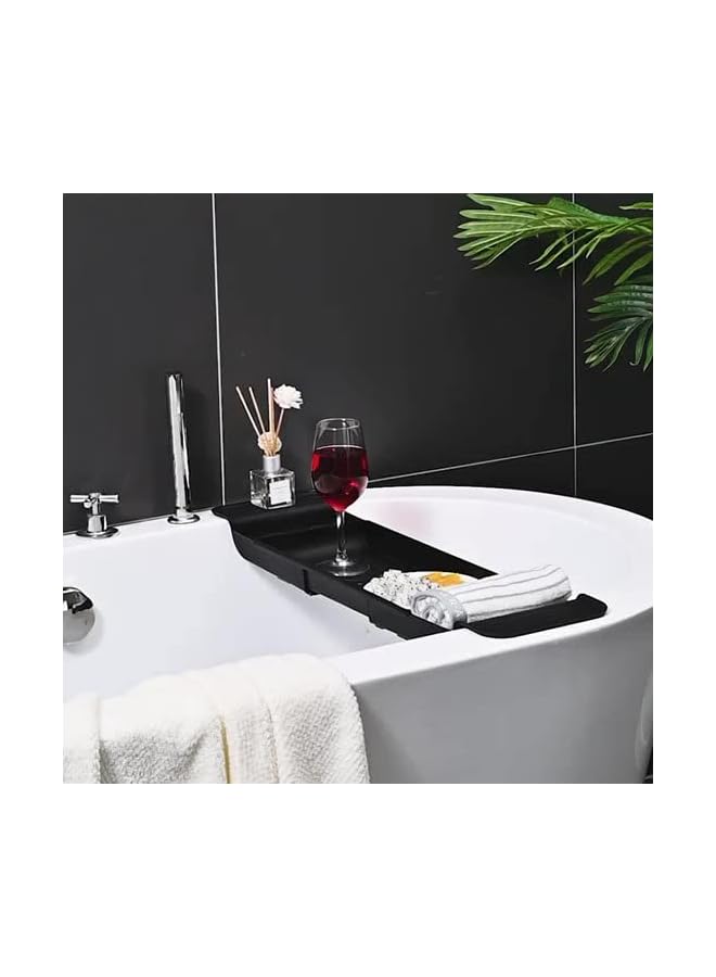 PROMASS صينية حوض استحمام قابلة للتوسيع، رف تخزين غير قابل للانزلاق، منظم حوض استحمام متعدد الوظائف للهاتف والكتب والمشروبات وإكسسوارات الاستحمام (أسود) - Image 3