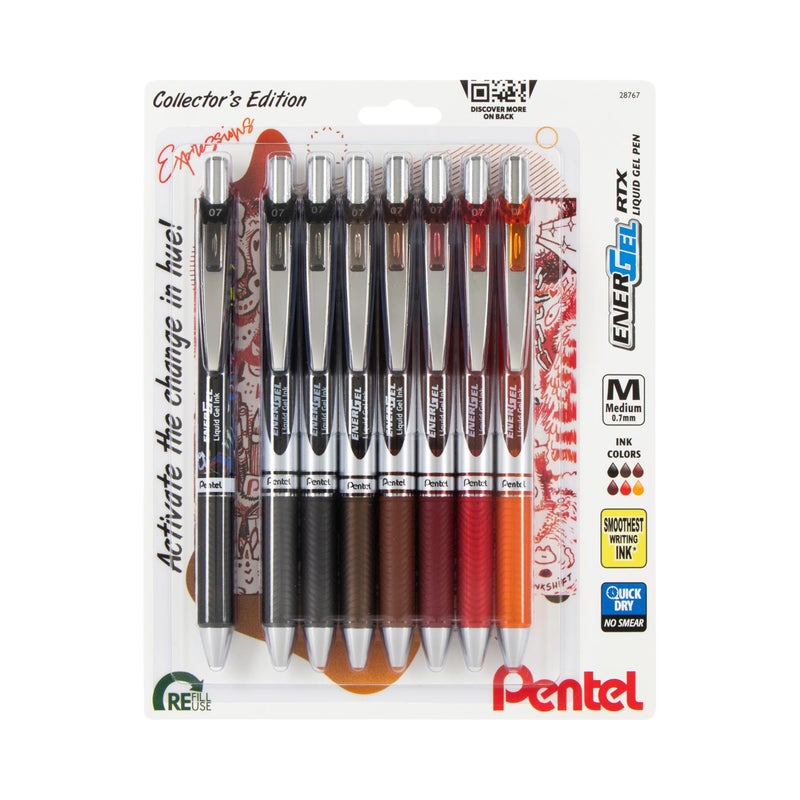 Pentel قلم جيل سائل قابل للسحب من بنتل إنرجل RTX، مجموعة تعبيرات، 0.7 مم، طرف معدني، خط متوسط، حبر متنوع، عبوة من 8 أقلام (BL77XCHABP8M) - Image 1