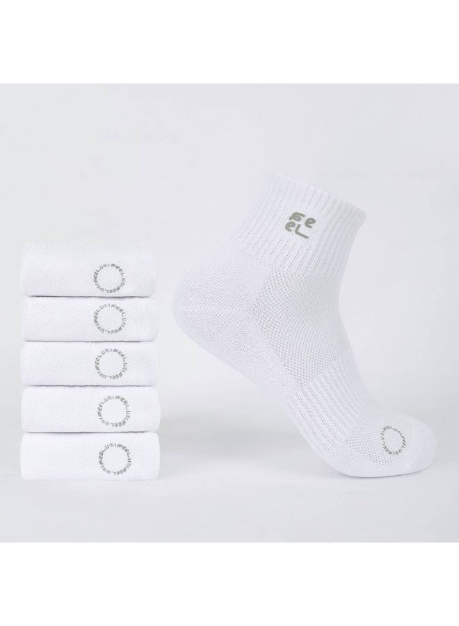 FEEL Men's Ankle Socks, Breathable Cotton Blend, White, 5 Pairs - Image 1