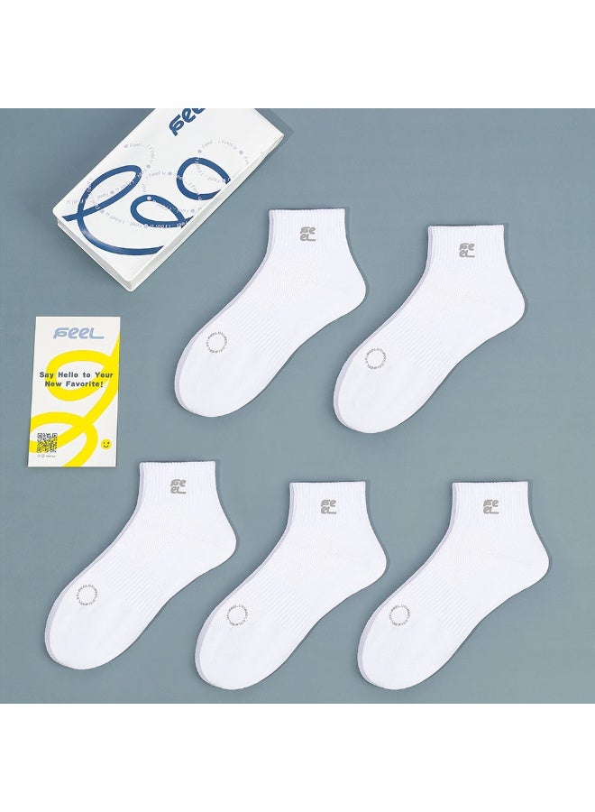 FEEL Men's Ankle Socks, Breathable Cotton Blend, White, 5 Pairs - Image 2