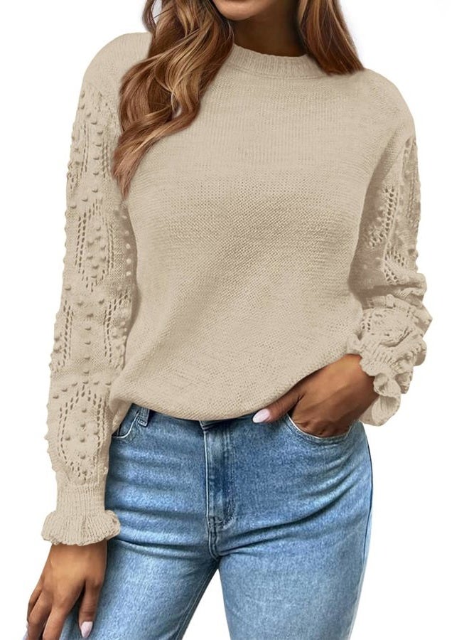 BTFBM Fall Sweaters for Women 2025 Crew Neck Long Sleeve Hollow Out Swiss Dot Knit Casual Pullover Tops Fashion Clothing, Apricot, L - Image 1