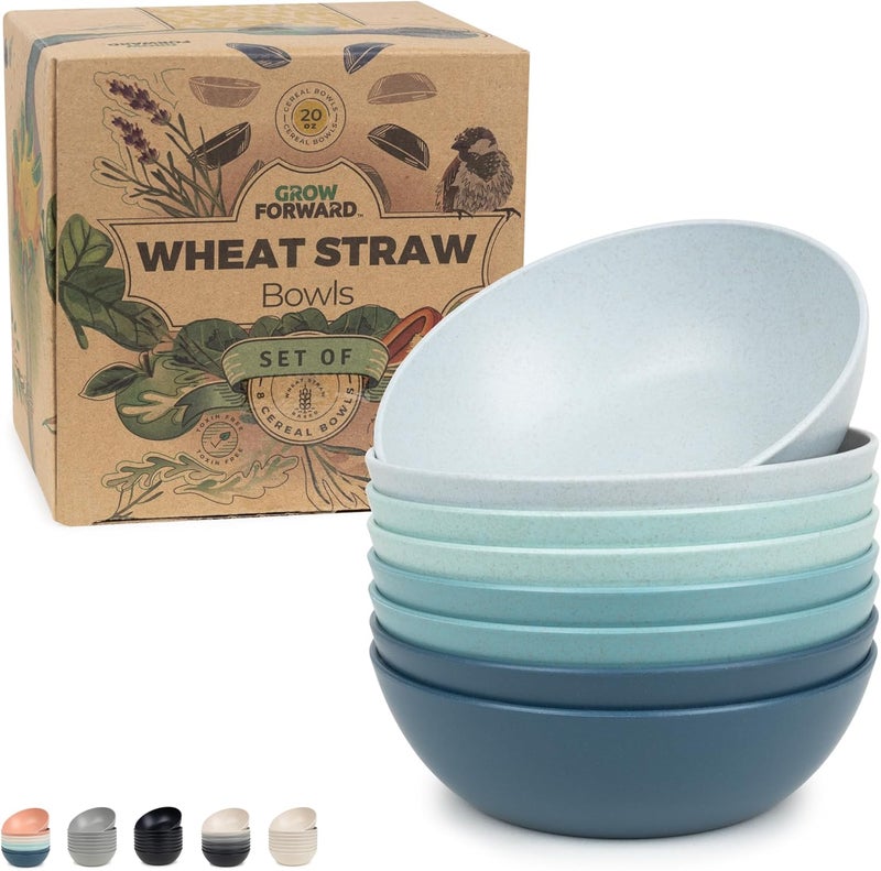 Grow Forward Premium Wheat Straw Bowls  20oz Microwave Safe Plastic Cereal Bowls Set of 8 for Kitchen Camping RV Dessert Snack Soup Salad Fruit  Reusable Unbreakable  BPA Free  Seascape - Image 1