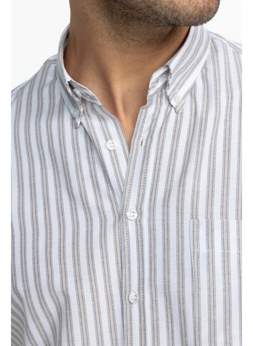 تودورس Classic Fit Short Sleeve Striped Cotton Beige Shirt