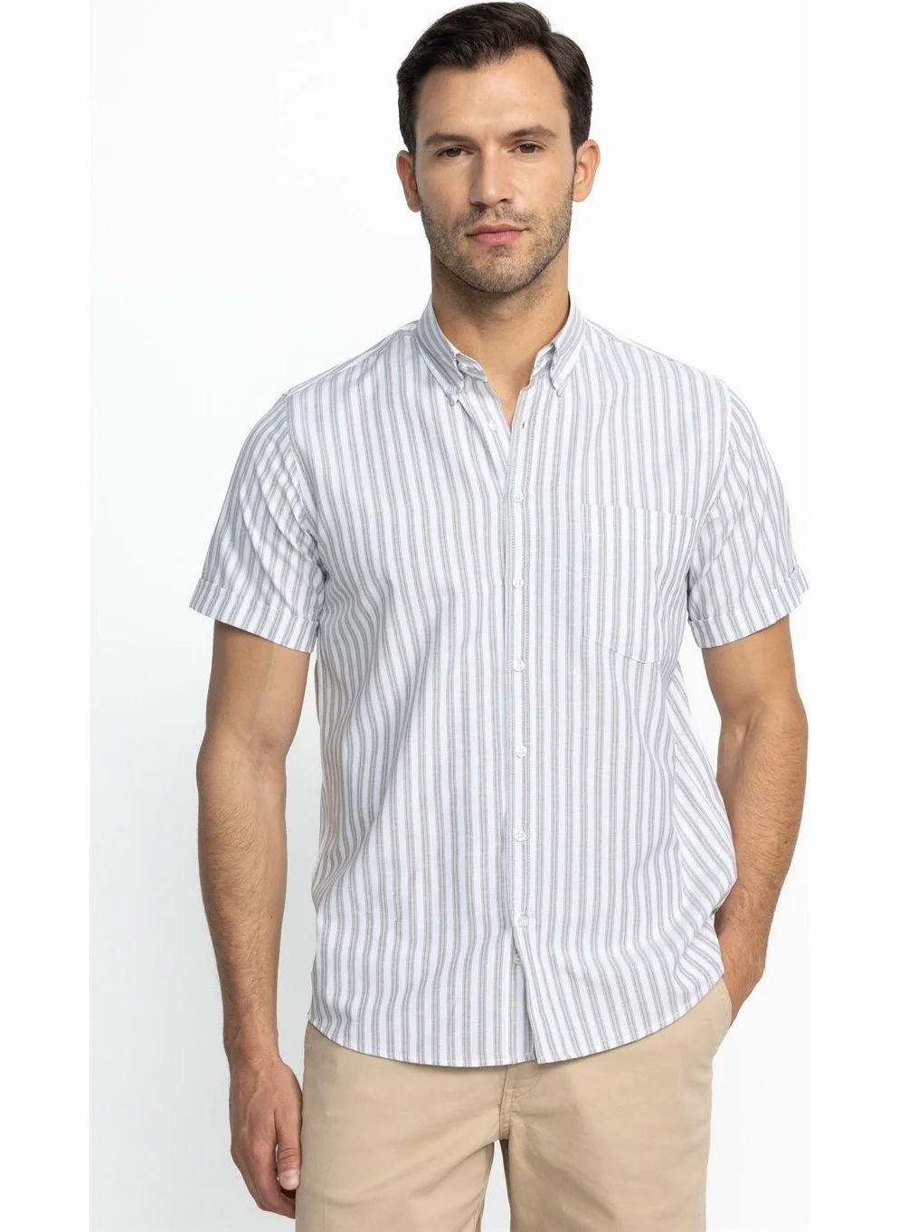تودورس Classic Fit Short Sleeve Striped Cotton Beige Shirt