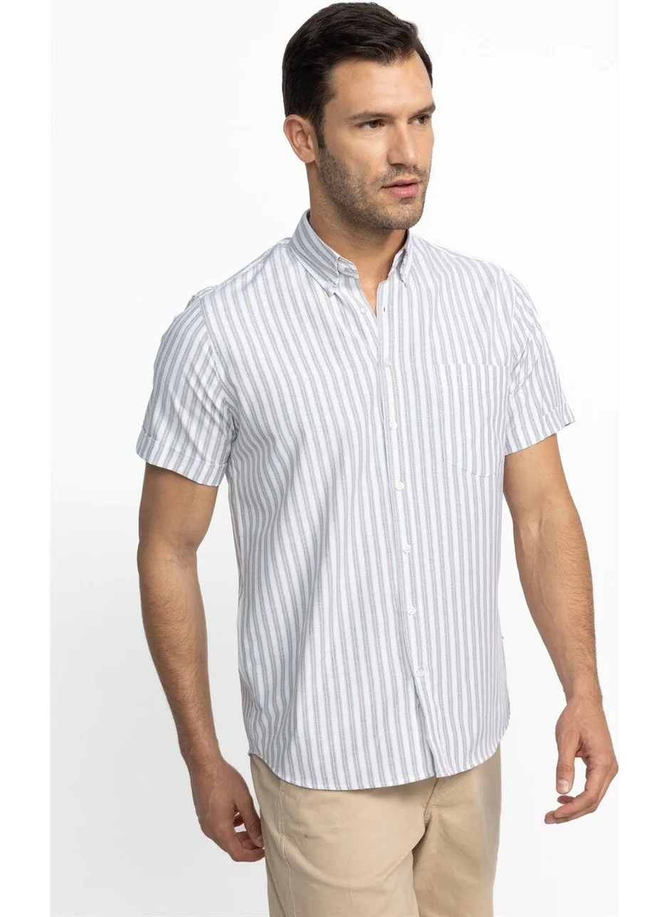 تودورس Classic Fit Short Sleeve Striped Cotton Beige Shirt