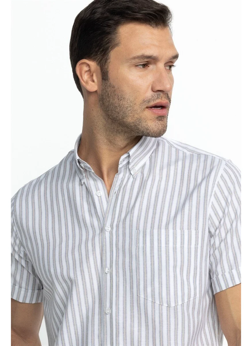 تودورس Classic Fit Short Sleeve Striped Cotton Beige Shirt