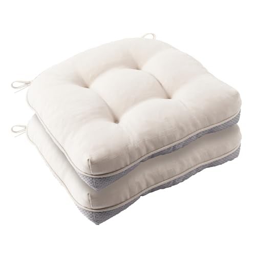 Battilo Chair Cushions Set of 2 for Dining Chairs, Seat Cushions for Kitchen Chairs with Non-Slip Backing, Indoor/Outdoor Waterproof Chair Seat Pads with Ties, 15.5"x15.5"x4", Beige - Image 1