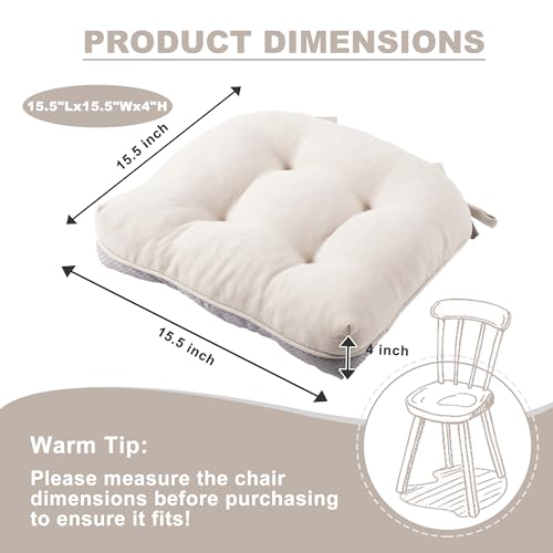 Battilo Chair Cushions Set of 2 for Dining Chairs, Seat Cushions for Kitchen Chairs with Non-Slip Backing, Indoor/Outdoor Waterproof Chair Seat Pads with Ties, 15.5"x15.5"x4", Beige - Image 4