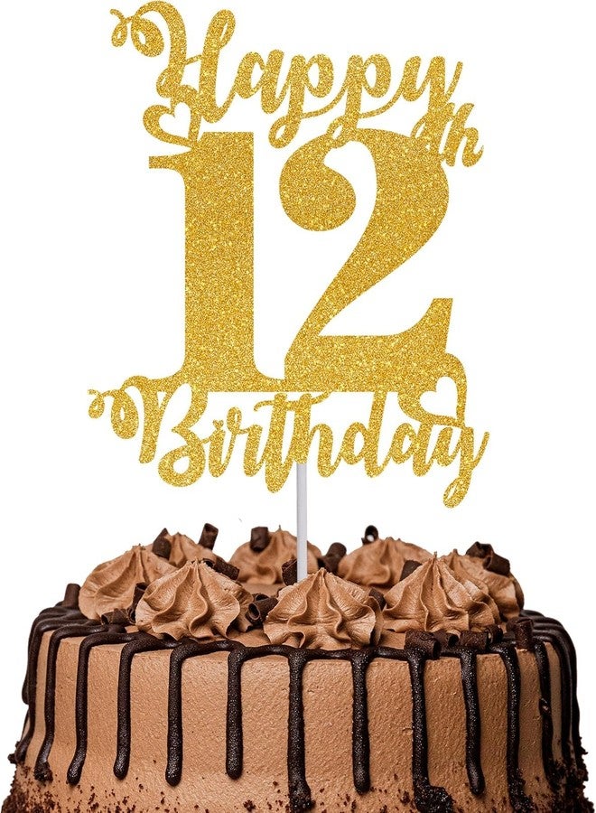 TrifleArte Happy 12th Birthday Cake Topper | Glitter Gold Cake Topper for Birthday | Reusable & Elegant Cake Décor for Girls, Boys, Adults | Pre-Assembled Cake Decoration Topper - Image 1