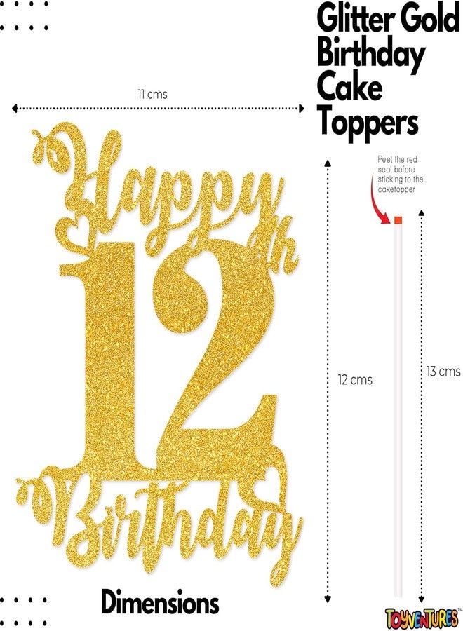 TrifleArte Happy 12th Birthday Cake Topper | Glitter Gold Cake Topper for Birthday | Reusable & Elegant Cake Décor for Girls, Boys, Adults | Pre-Assembled Cake Decoration Topper - Image 3