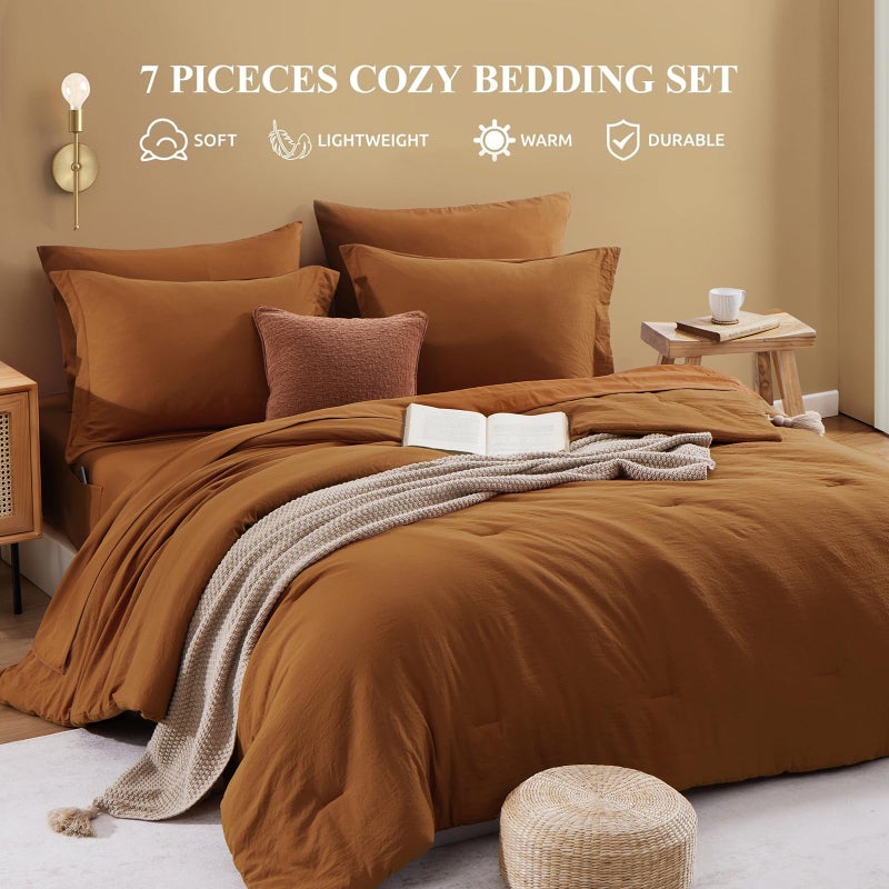 WRENSONGE Full Size Comforter Sets- 7 Pieces Soft Terracotta Bed in a Bag with Fitted Sheet, Flat Sheet, 2 Pillow Shams, 2 Pillowcases, Warm Bedding Sets for All Season - Image 4