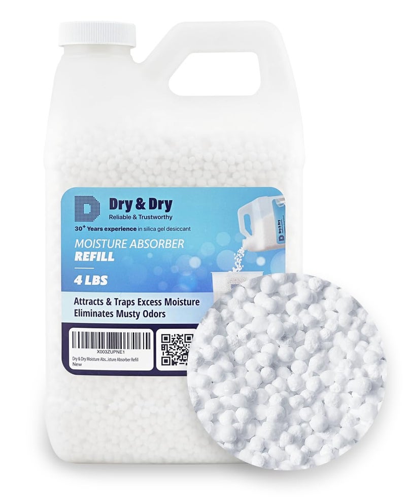 Dry & Dry حبيبات إعادة تعبئة ماصات الرطوبة الجافة والجافة (4 أرطال) - مزيلات الرطوبة لمنازل، مزيل رطوبة للقبو، مزيلات رطوبة لغرفة النوم، مزيلات رطوبة صغيرة، ماصات الرطوبة - Image 1
