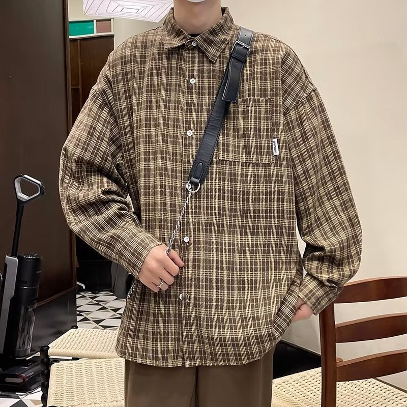 Plaid Shirt Mens Long-sleeved Spring and Autumn New Arrival Puffian Handsome Hong Kong Style Loose Shirt Coat Casual All-match Ins Trendy Brown - Image 1