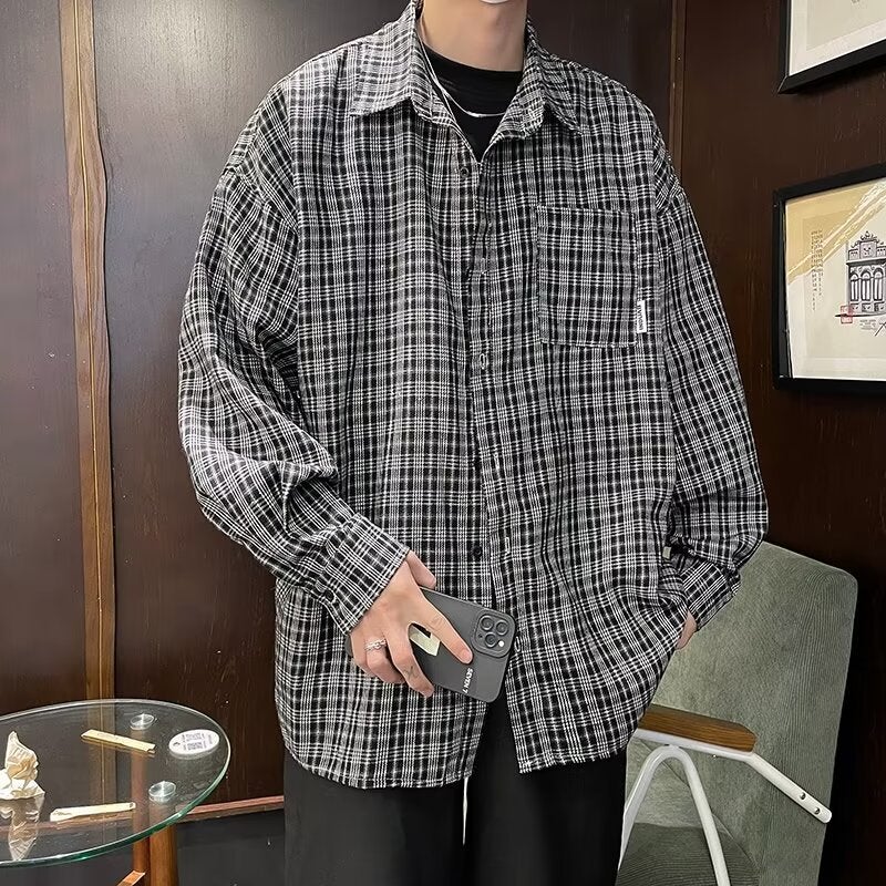 Plaid Shirt Mens Long-sleeved Spring and Autumn New Arrival Puffian Handsome Hong Kong Style Loose Shirt Coat Casual All-match Ins Trendy Brown - Image 2