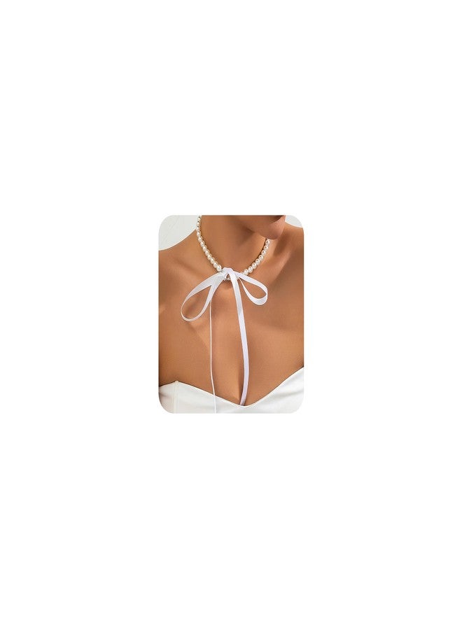 RECTYO GALLERY 1 Pcs Premium Elegant Boho Faux-Pearl Choker Necklace with Ribbon Bow Detail - A Trendy Beaded Necklace Jewelry for Women - Image 1