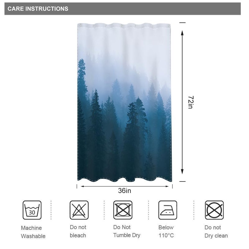 Riyidecor Small Stall Shower Curtain for Bathroom Decor 36Wx72H Narrow Half Rv Nature Blue Mens Misty Tree Mountain Foggy Woodland Art Printed Fabric Polyester Waterproof 7 Pack Plastic Hooks - Image 2