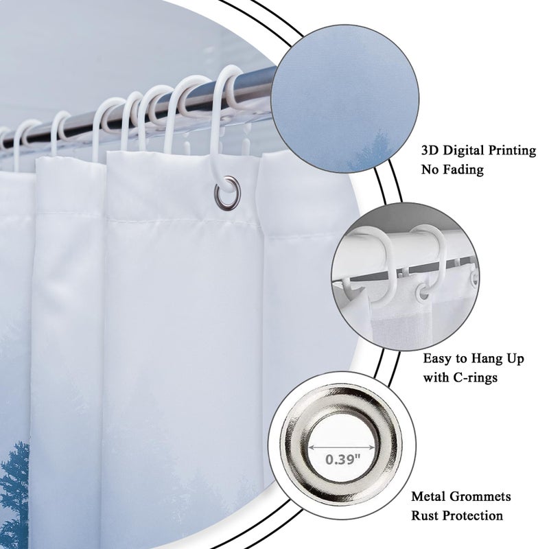 Riyidecor Small Stall Shower Curtain for Bathroom Decor 36Wx72H Narrow Half Rv Nature Blue Mens Misty Tree Mountain Foggy Woodland Art Printed Fabric Polyester Waterproof 7 Pack Plastic Hooks - Image 3